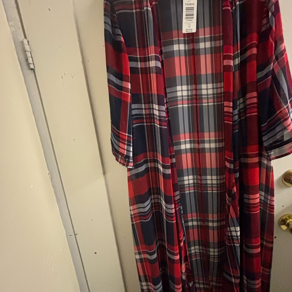 Torrid Red and Navy Plaid Open Front Kimono